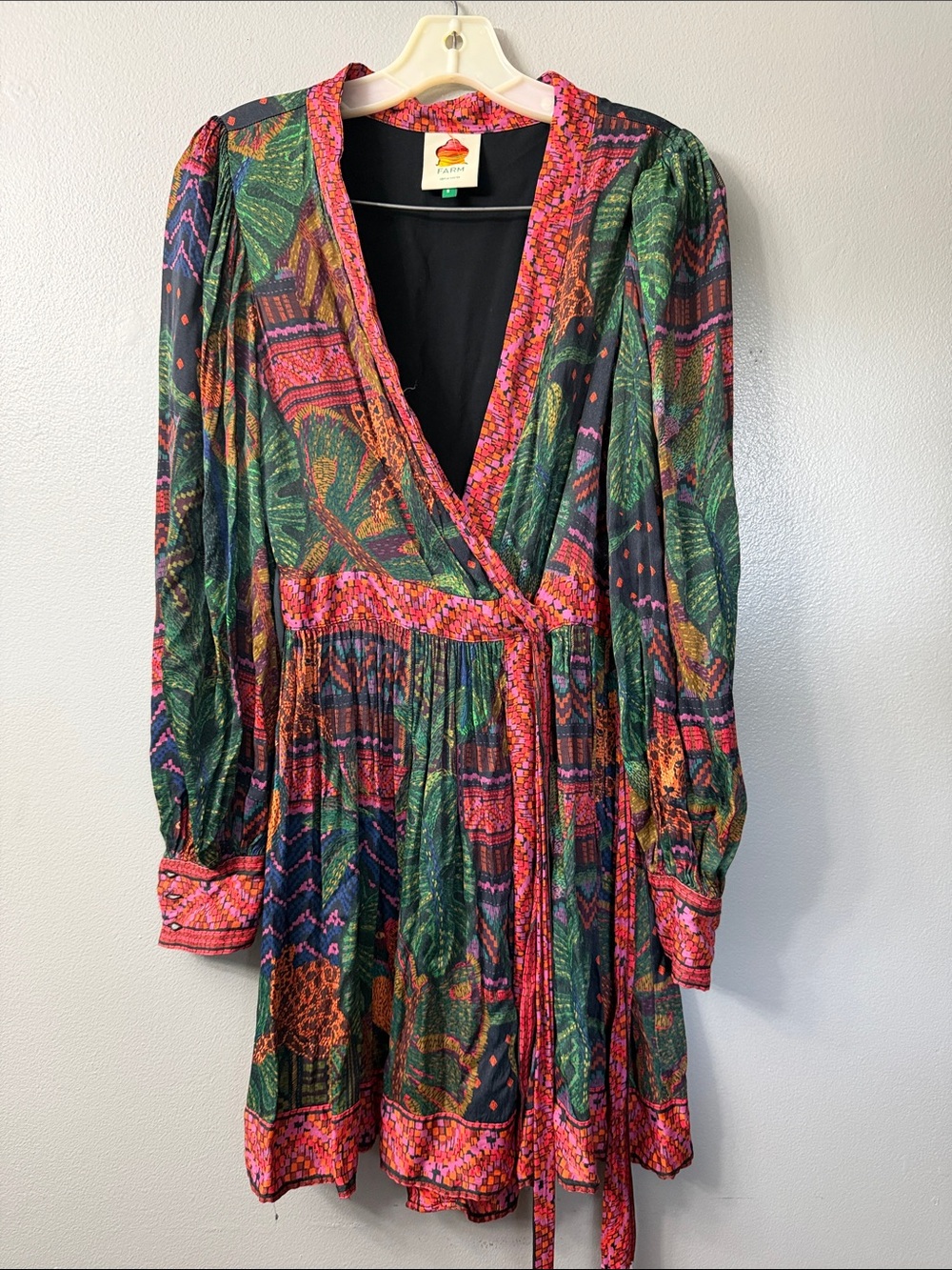 ANTHROPOLOGIE FARM RIO FOREST TAPESTRY LONG SLEEVE WRAP DRESS MULTICOLOR small